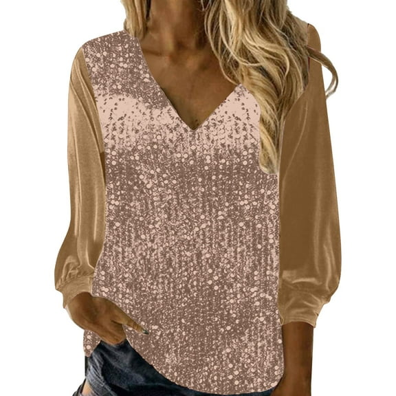 CUZIBR Women'S Sequin Top V Neck Shiny Long Sleeve Casual Loose Elegant Solid Color Stylish Sparkly Shirt Glitter Carnival Evening Party Blouse Vacation Trendy,Rose Gold,S