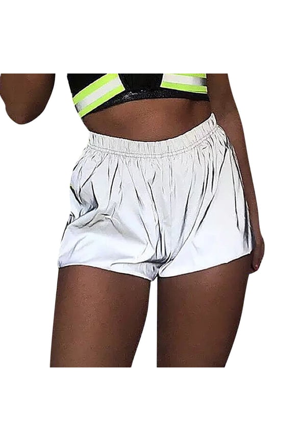 Women'S Shorts High Waist Solid Color Wide Leg Reflective Hot Pants Shiny Sport Bottoms Performance Fashionable Comfortable Stretchy Night Club Party Dance Festival Rave Streerwear,Silver,M