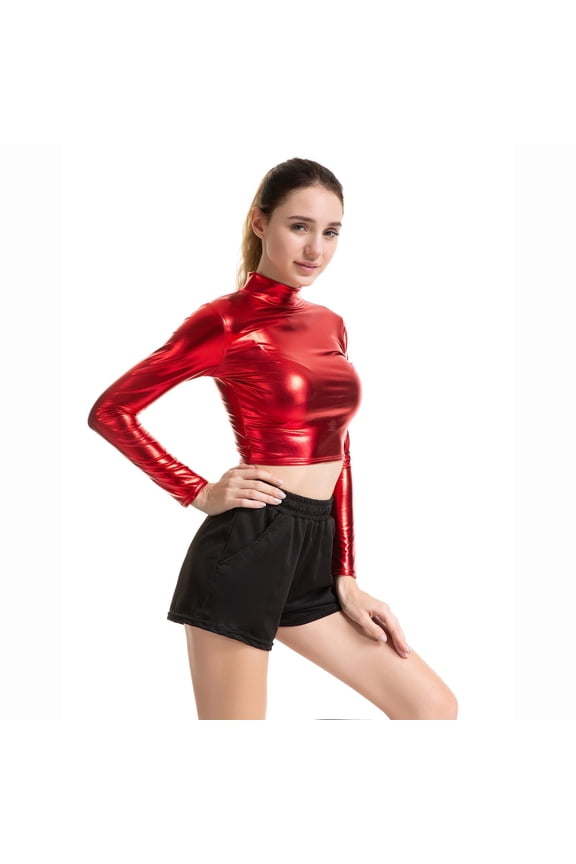 Women'S Solid Color Shiny Leather Crop Top Slim Fit Ruched Long Sleeve High Neck Sparkly Fashionable Cozy Tshirt Dancewear Carnival Party Clubwear Work Spring Tee,Red,Xxl