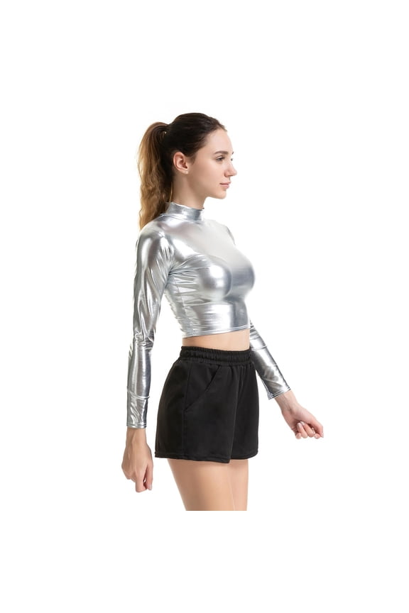 Women'S Solid Color Shiny Leather Crop Top Slim Fit Ruched Long Sleeve High Neck Sparkly Fashionable Cozy Tshirt Dancewear Carnival Party Clubwear Trendy Clothes,Silver,Xxl