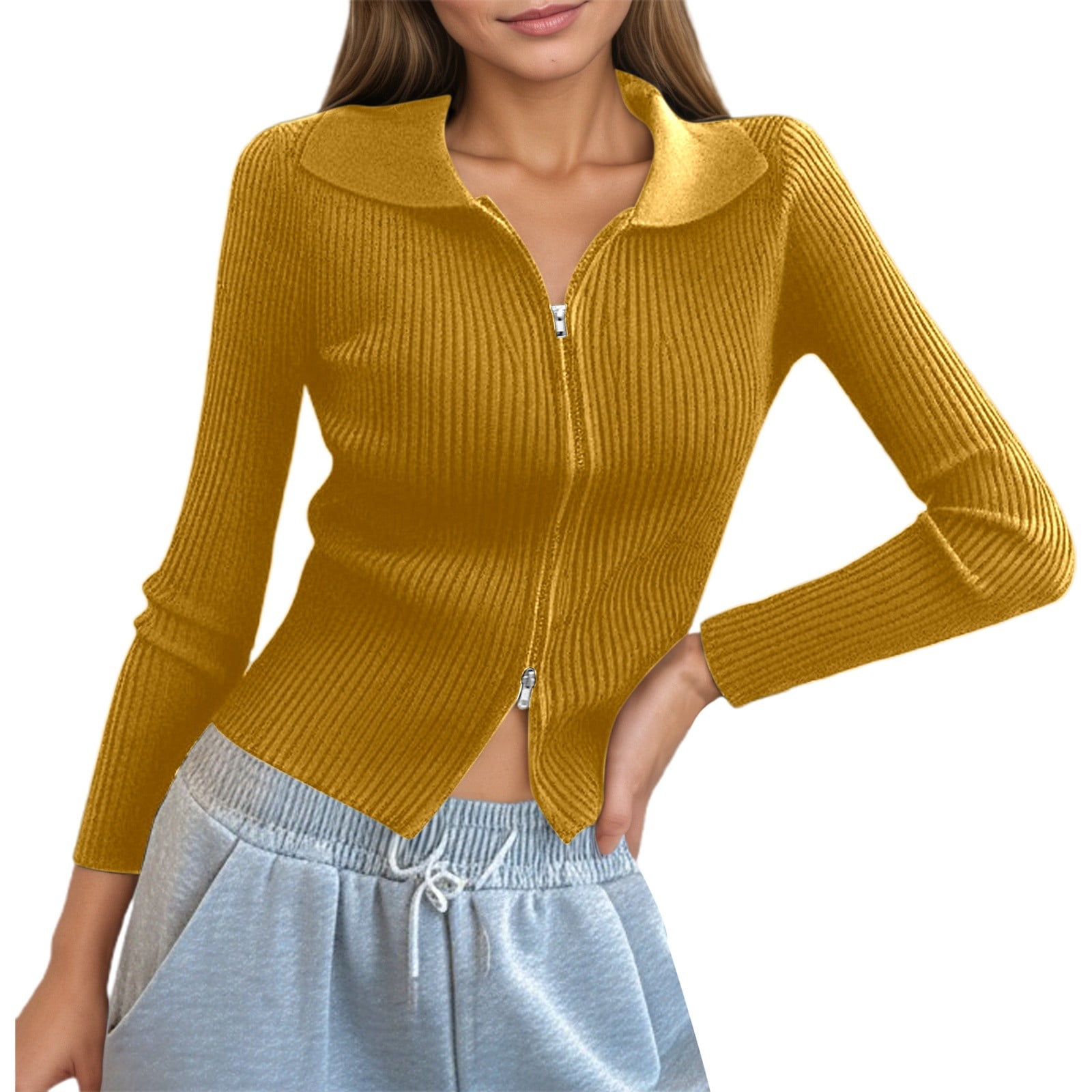 CUZIBR Women'S Spring Cardigan Knitted Solid Color Long Sleeve Full Zip ...