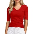 thumbnail image 1 of CUZIBR Women'S Spring Shirt Solid Color Slim Fit V-Neck Tight Half Sleeved Ribbed Knit Casual Basic T Shirt Top Fashionable Comfortable Soft Stretch Casual Blouse Tee Tops,Red,L, 1 of 4