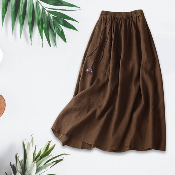 CUZIBR Women'S Spring Summer Casual Skirts Loose Relaxed Solid Color Elastic Waist Linen Cotton A Line Mid Length Ruffles Breathable Cozy Midi Skirt,Coffee,L