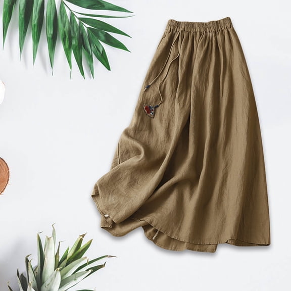 CUZIBR Women'S Spring Summer Casual Skirts Loose Relaxed Solid Color Elastic Waist Linen Cotton A Line Mid Length Ruffles Breathable Cozy Midi Skirt,Khaki,XXL