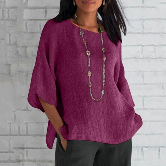CUZIBR Women'S Sublimation Casual Shirts 3/4 Sleeve Solid Color Tee Tops Classic Round Neck Loose Fit Oversized Cozy Breathable Pullover Blouse,Purple,L