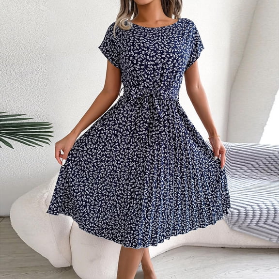 CUZIBR Women'S Summer Floral Midi Dress Short Sleeved Crewneck High Waist Pleated Swing Dresses With Belt Midi Flowy Long Boho Party Dailywear,Dark Blue,M