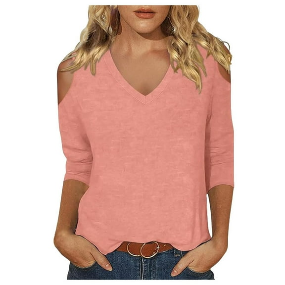 CUZIBR Women'S V Neck Shirt Fashion Sublimation Tee Top Oversized Relaxed Basic T-Shirts Off Shoulder Comfortable Casual Fit Quarter Sleeved T Shirt,Rose Gold,S