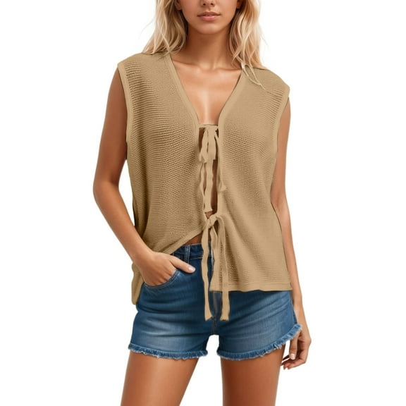 CUZIBR Women'S Vest Knit Sweater Vest Sleeveless Solid Color Lace Up Front Open Cardigan Casual Cover Up Tunic Top Soft Stretchy Loose Fit Waistcoat Fall Fashion Outfit,Khaki,L