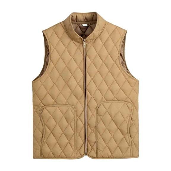 CUZIBR Women'S Vest Stylish Sleeveless Puffer Vest Zip Up Stand Collar Solid Color Jacket Retro Quilted Padded Casual Thick Warm Layering Piece Tops Winter Clothes,Khaki,Xxxxl