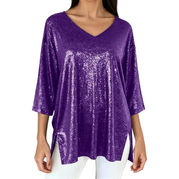 CUZIBR Women Sequin Tops V-Neck Casual Plus Size Loose Fit Three Quarter Sleeve Pullover Glitter Sparkly Split Hem Stylish Tunic Top Carnival Party Club Shirt Basic Fashion Dressy Clothes,Purple,L