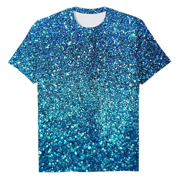 CUZIBR Women Sequins Tshirt Glitter Sparkle Loose Fit Short Sleeve Round Neck Stylish Casual Carnival Party Night Clubwear T Shirt Top Casual Top Blouse,Blue,L