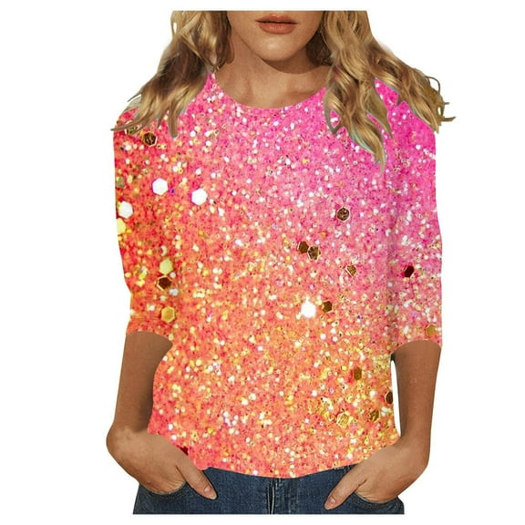 CUZIBR Women Shiny Sequin 3/4 Sleeve T Shirt Round Neck Thin Casual Three Quarter Sleeve Shirts Evening Party Night Clubwear Blouse Top Vacation Trendy,Pink,S