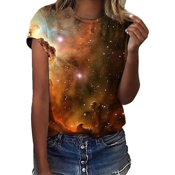 CUZIBR Women Shiny Sequin T Shirt Tie Dye Galaxy Print Round Neck Short Sleeve Tee Fashionable Comfy Funny Shirts Trendy Tops Casual Top Blouse,Gold,XXXL