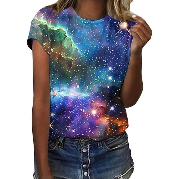 CUZIBR Women Shiny Sequin T Shirt Tie Dye Galaxy Print Round Neck Short Sleeve Tee Fashionable Comfy Funny Shirts Trendy Tops Vacation Trendy,Blue,L