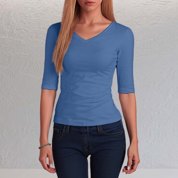 CUZIBR Women Shirts Classic Half Sleeve Slim Fit Casual Solid Color T Shirt Cozy Breathable Top Stretchy Workout Athletic Trendy Basic Summer Tees Undershirts Business Casual Outfits,Blue,XL