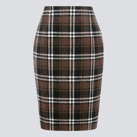 CUZIBR Women Skirt Elegant Plaid Bodycon Slim Fit High Waisted Midi Pencil Fall Winter Holiday Classic Casual Cozy Fashionable Stretch Wool Skirts,Coffee,XXL