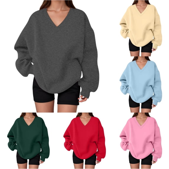 CUZIBR Women Solid Color Oversized Sweatshirt V Neck Long Sleeved Pullover Elegant Casual Cute Sporty Pullover Sweatshirts Fall Winter Clothes,Grey