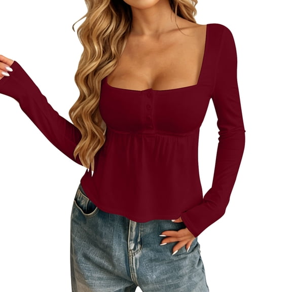 CUZIBR Women Square Collar T-Shirt Slim Fit Long Sleeve Button Down Thermal Underwear Top Elegant Stretchable Base Layer For Winter Spring Tee Dailywear,Red,L