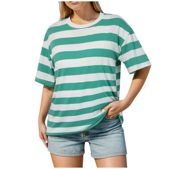 CUZIBR Women Striped T Shirt Classic Relaxed Crewneck Short Sleeved Bottoming Ladies Loose Casual Oversized Fashionable Comfy Dailywear,Green,L