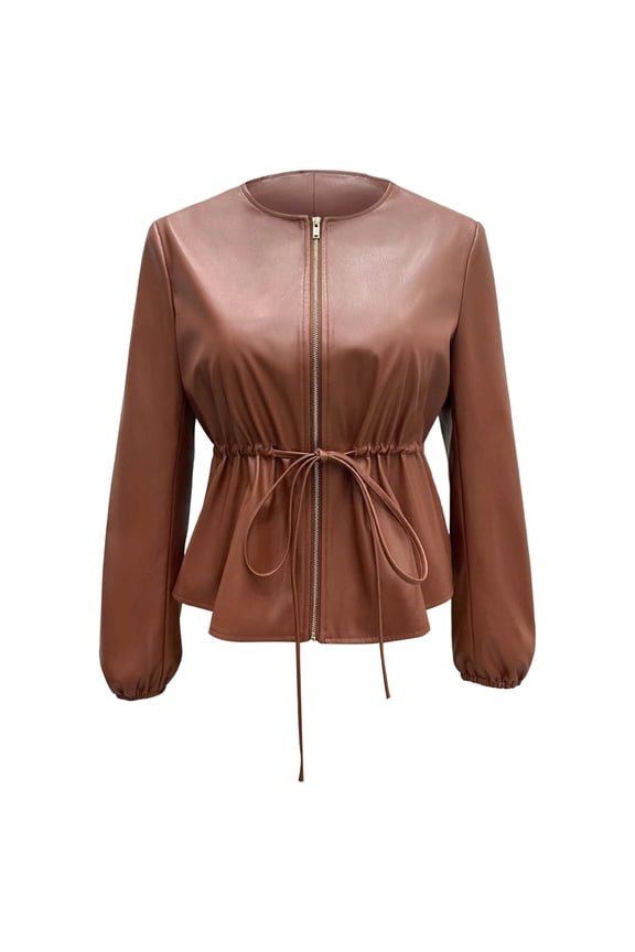 Women Stylish Jacket Round Neck Full Zip Long Sleeve Leather Coat Short Length With Belted Solid Color Ruffle Drawstring Slim Fit Outerwear,Brown,M