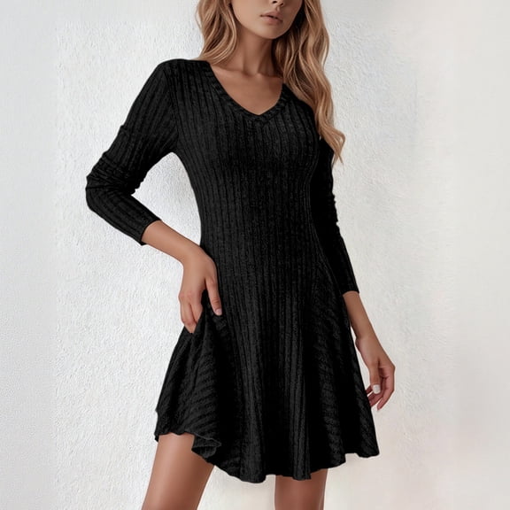 CUZIBR Women Stylish Sweater Dress Solid Color Ribbed Knitted Long Sleeve V-Neck Casual Loose Elegant Comfortable Tunic Dresses Fall Trendy Dailywear,Black,XXL