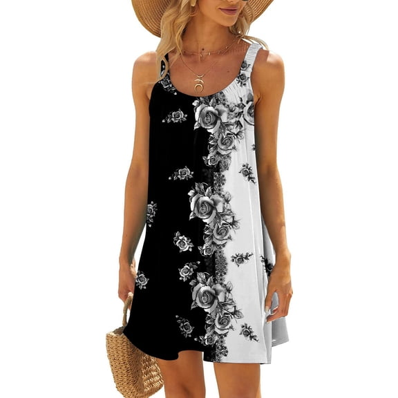 CUZIBR Women Summer Beach Mini Dress Round Neck Sleeveless Floral Print Ruffles Backless A-Line Casual Breathable Soft Cozy Vacation Stylish Dresses Dailywear,Dark Gray,M
