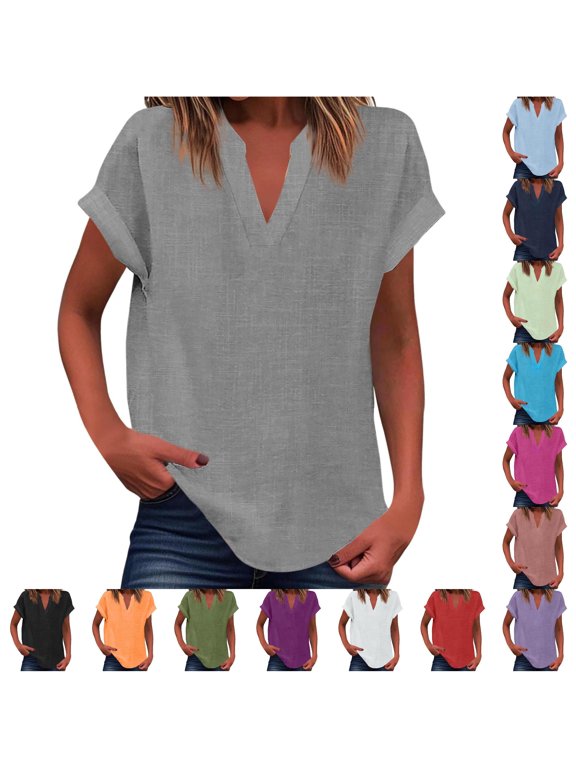 Women Summer Linen Shirts Short Roll Sleeve V-Neck Solid Color Button Pleated Fashionable Casual Loose Fit Side Split Curved Hem Relaxed Oversized Lightweight Trendy Blouse Tops,Grey,M