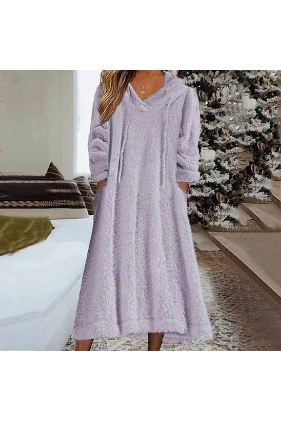 Women Sweater Dress Solid Color Fuzzy Thick Warm Hoodies Oversized Loose Midi Dress Long Sleeve Pocket Winter Fall Hooded Plush Maxi Long Dresses,Purple,XXL