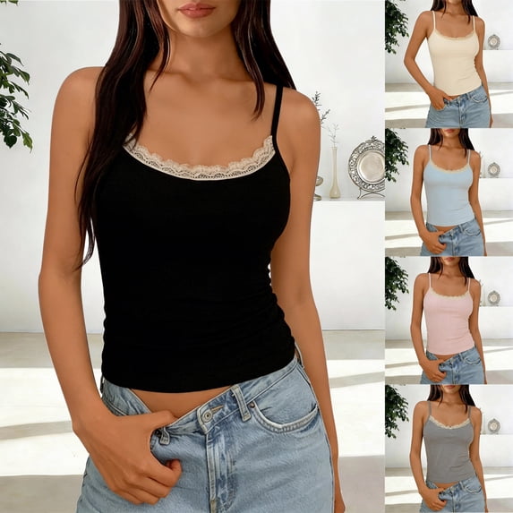 CUZIBR Women Tank Top Camisole Solid Color Basic Scoop Neck Padded Lace Sleeveless Spaghetti Strap Slim Fit Soft Trendy Relaxed Casual Yoga Summer Tunic Cami Crop Top,Black,One Size