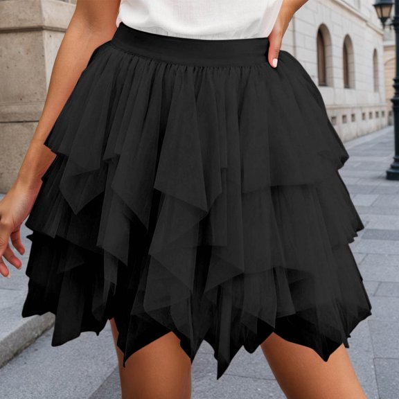CUZIBR Women Tutu Mini Skirt Elastic Waist Pleated Mesh Solid Color Ruffles Tiered Soft Drape Short A Line Elegant Ruched Layered Flowy Irregular Short Skirts,Black,XL