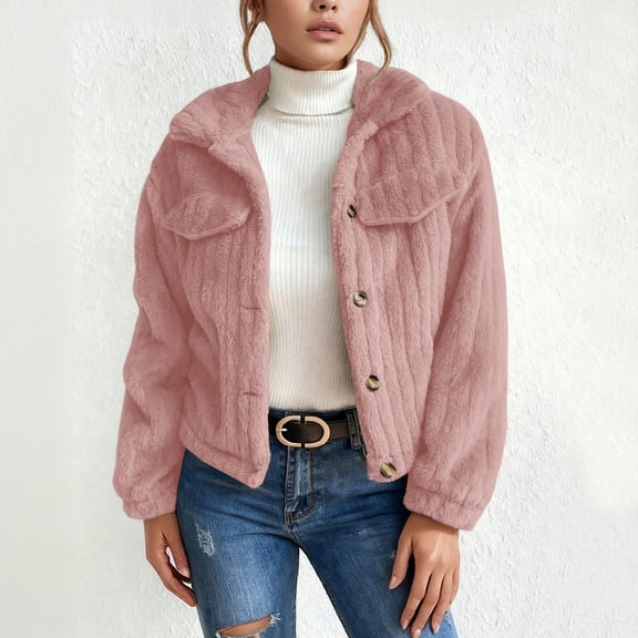 CUZIBR Women Winter Jacket Stand Collar Long Sleeve Fuzzy Solid Color Thick Warm Soft Short Coat Casual Front Open Cardigan Outerwear For Fall Winter Dailywear,Pink,L