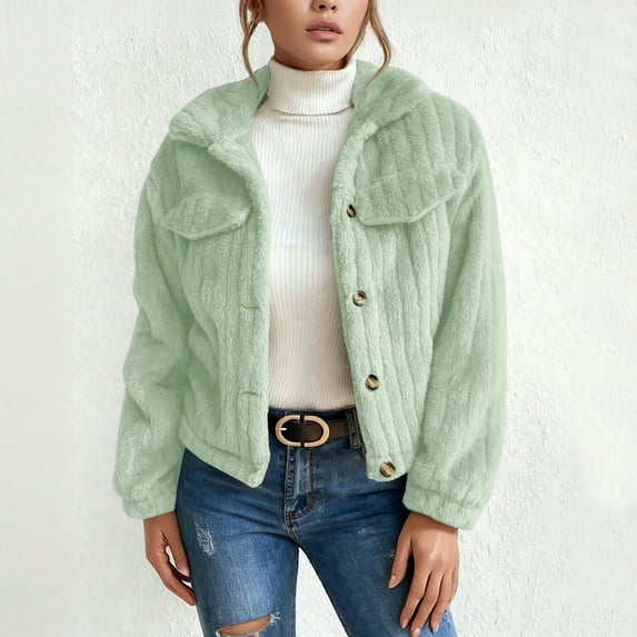 CUZIBR Women Winter Jacket Stand Collar Long Sleeve Fuzzy Solid Color Thick Warm Soft Short Coat Casual Front Open Cardigan Outerwear For Fall Winter Dailywear,Light Green,XS