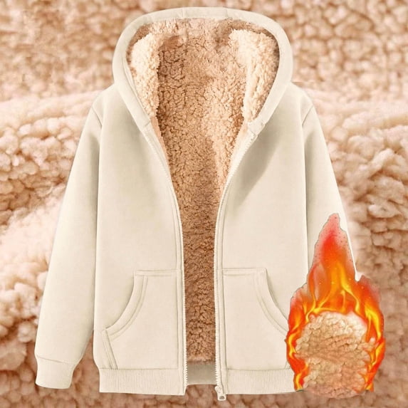 CUZIBR Women Zip Up Hoodies Oversized Fuzzy Thick Lined Hooded Sweatshirt With Pocket Long Sleeve Soft Fall Winter Pullover,Beige,Xl