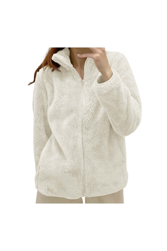 Women's Winter Jacket Fuzzy Wool Solid Color Long Sleeve Zipper Up Cardigans Jacket Turtleneck Oversized Fashion Cozy Warm Coats Outwear