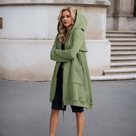 CUZIBR Womens Autumn Long Hooded Jacket Zipper Up Long Sleeve Casual Sweatshirt With Pockets Fashion Cozy Solid Color Overcoat,Green,XXL