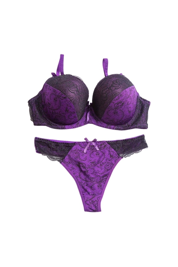 Womens Bras Lace Embroidery Color Block Patchwork Underwear Set Full Coverage Plus Size Bra Panty Thong 2 Piece Cozy Outfits Soft Bralettes Underwear,Purple,36BC