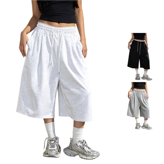 CUZIBR Womens Capri SweatPants With Pocket Wide Leg Baggy Joggers Drawstring Workout Straight Leg Trendy Pants Casual Daily Soft Party Trousers,Grey,L