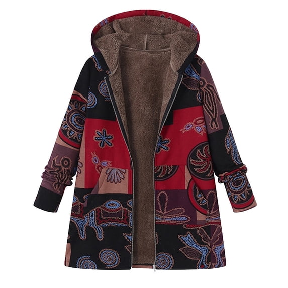 CUZIBR Womens Casual Jacket Hooded Embroidery Print Long Sleeve Stylish Wool Thermal Fall Coat With Pocket Mid-Length Full Zipper Up Cardigan Loose Oversized Strench Coat Streetwear