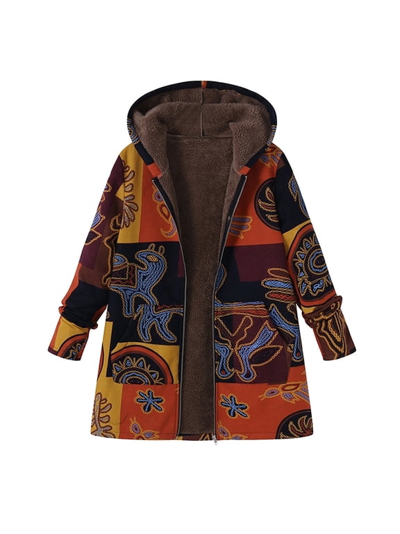 Womens Casual Jacket Hooded Embroidery Print Long Sleeve Stylish Wool Thermal Fall Coat With Pocket Mid-Length Full Zipper Up Cardigan Loose Oversized Strench Coat Streetwear