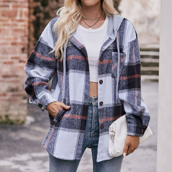 CUZIBR Womens Casual Jacket Hooded Plaid Long Sleeve Stylish Coat With Pocket Mid-Length Button Down Cardigan Loose Oversized Strench Coat Daily Wear