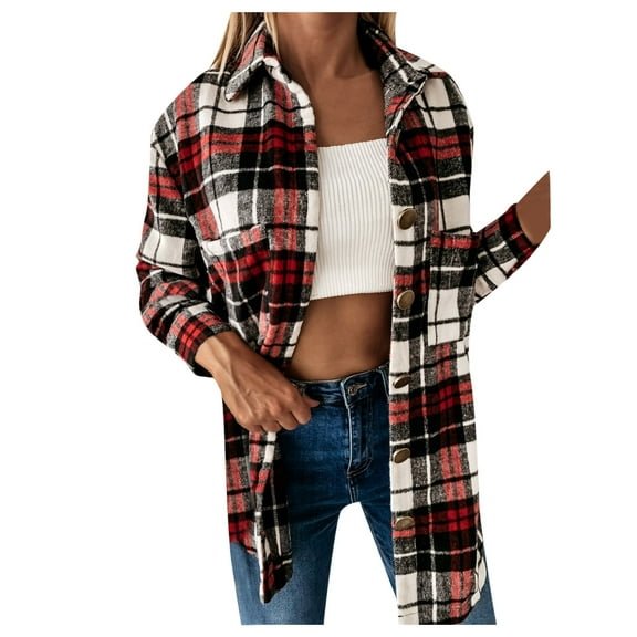 CUZIBR Womens Casual Jacket Hooded Plaid Long Sleeve Stylish Coat With Pocket Mid-Length Button Down Cardigan Loose Oversized Strench Coat Dailywear