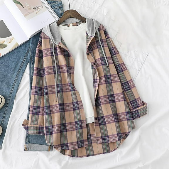 CUZIBR Womens Casual Jacket Hooded Plaid Long Sleeve Stylish Coat With Pocket Mid-Length Button Down Cardigan Loose Oversized Strench Coat Outwear