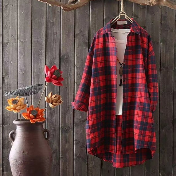 CUZIBR Womens Casual Jacket Hooded Plaid Long Sleeve Stylish Coat With Pocket Mid-Length Button Down Cardigan Loose Oversized Strench Coat Outwear
