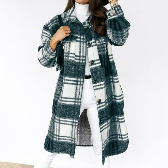 CUZIBR Womens Casual Jacket Hooded Plaid Long Sleeve Stylish Coat With Pocket Mid-Length Button Down Cardigan Loose Oversized Strench Coat Outwear