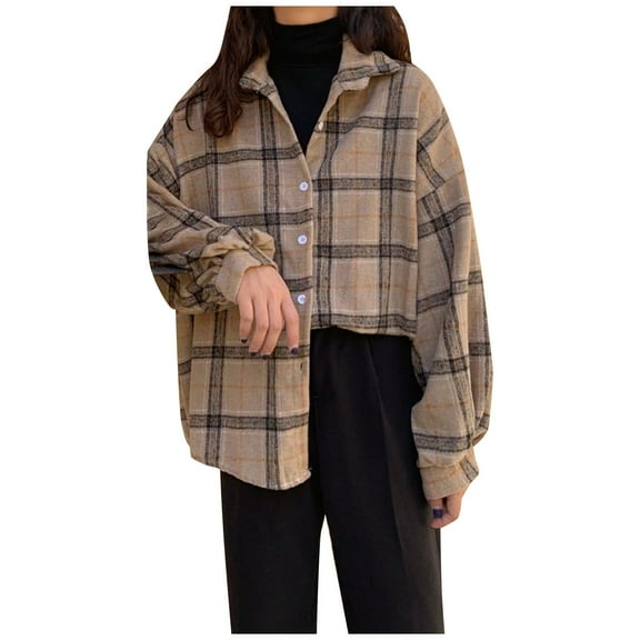 CUZIBR Womens Casual Jacket Hooded Plaid Long Sleeve Stylish Coat With Pocket Mid-Length Button Down Cardigan Loose Oversized Strench Coat Streetwear