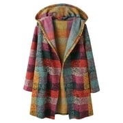 CUZIBR Womens Casual Jacket Hooded Plaid Long Sleeve Wool Coat With Pocket Mid-Length Cardigan Loose Oversized Strench Coat Dailywear