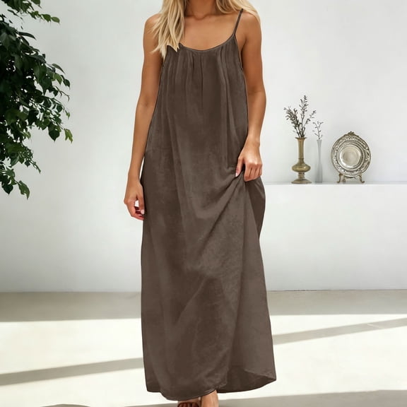CUZIBR Womens Casual Long Nightgowns Spaghetti Strap Sleeveless Solid Color Open Back Maxi Dresses Loose Fit Summer Soft Sleeveless Nightshirt,Coffee,L