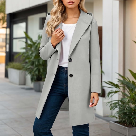 CUZIBR Womens Classic Coat Hooded Long Sleeve Wool Trench Coat Windproof Plus Size Casual Winter Warm Long Overcoat Loose Fit Solid Color Long Length Outerwear Jacket,Light Gray,M