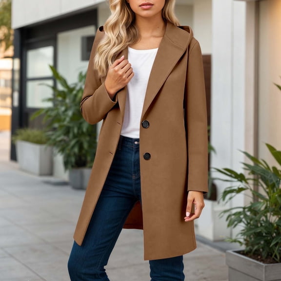 CUZIBR Womens Classic Coat Hooded Long Sleeve Wool Trench Coat Windproof Plus Size Casual Winter Warm Long Overcoat Loose Fit Solid Color Long Length Outerwear Jacket,Coffee,M