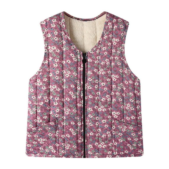CUZIBR Womens Coats Elegant Quilted Sleeveless Jacket Thermal Wool Lined Floral Print Zipper Up V-Neck Outerwear Vest Fall Fashion Outfit,Light Pink,Xxxl